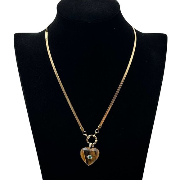 Tiger Eye Green Aperture Heart Evil Eye Pendant Necklace 18K Gold Plated 19 Inch - Picture 2 of 7